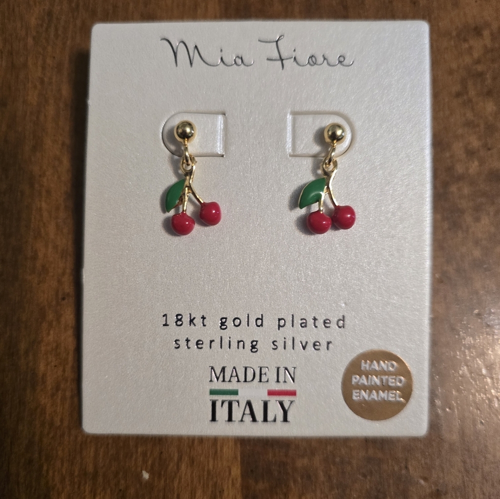 Gold and Red Cherry Charm Earrings